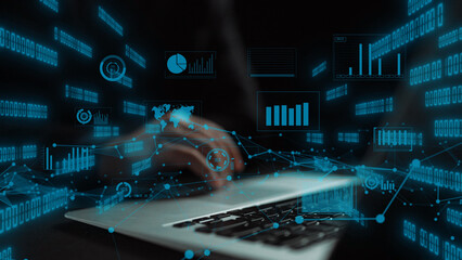 A striking representation of technology and data analysis featuring a laptop surrounded by digital charts and metrics in a futuristic environment, showcasing innovation. Xenic