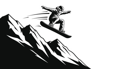 a dynamic black and white illustration depicts a snowboarder mid air soaring above rugged mountain peaks with a sense of freedom and adventure high quality