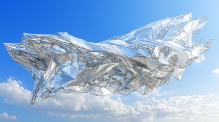 Minimal Spatial Arrangement of Metal Elements Forming a Floating Architectural Object With Dynamic Textures and Construction Layers In Blue Sky Background