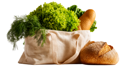 Fresh healthy produce including lettuce, herbs, and artisan bread packed in a reusable tote bag for grocery shopping and healthy eating themes