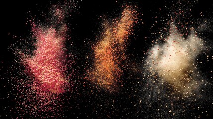 Colorful Splashes of Powder Particles in Air Against a Black Background