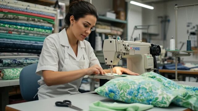 Seamstress diligently works at a sewing machine surrounded by rolls of patterned fabric