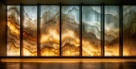 Stunning onyx wall design with warm hues creating a serene atmosphere in a modern interior space