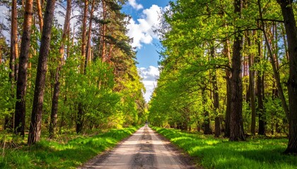 Obraz premium Defocused spring landscape. Beautiful nature forest road against blue sky with clouds, soft focus
