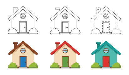 Fototapeta premium this image depicts a collection of houses ranging from simple outlines and dotted lines to fully colored cartoonish depictions with vibrant roofs and doors