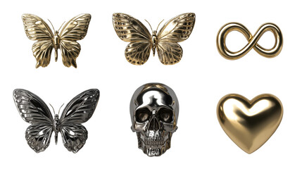Luxury golden and chrome metal objects including butterflies, infinity symbol, skull, and heart, representing concepts of beauty, eternity, mortality, and love for decorative or symbolic