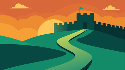 Illustration of a castle on a hill at sunset landscape on transparent background © Djujjol