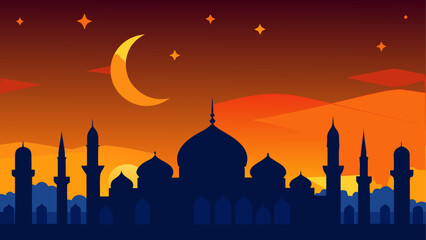 Silhouette of mosque with moon and stars at sunset on transparent background © Djujjol