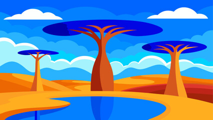 Stylized landscape with trees and water illustration on transparent background