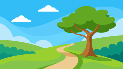 Fototapeta premium Cartoon landscape with path tree and two white clouds on transparent background
