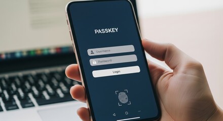 PASSKEY mobile login close-up &mdash; username and password fields with fingerprint scan