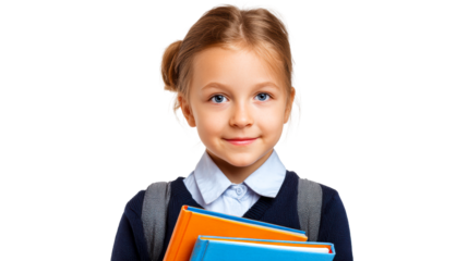 Young school girl in uniform holding books and backpack ready for school studies and education concept, perfect for learning resources and promotional materials.