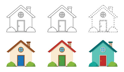 Fototapeta premium A comparative illustration showcases three house outlines and three colorfully painted houses providing a visual progression from sketch to finished design high quality professional detailed