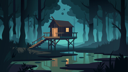 Cabin on stilts in a dark swampy forest landscape on transparent background © Djujjol