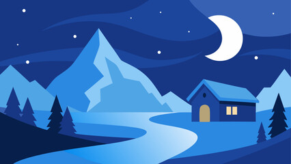 Fototapeta premium Illustration of mountain landscape with house at night on transparent background