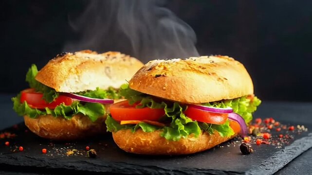 Freshly prepared sandwiches with lettuce, tomatoes, onions, and sesame-topped warm bread, served on a dark slate platter with spices.