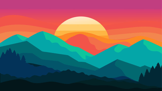Illustration of mountains and trees at sunset or sunrise on transparent background