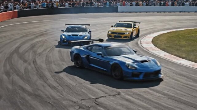 High-speed car drifting competition on a racetrack with spectators cheering in the background
