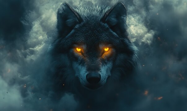 Majestic grey wolf with glowing orange eyes emerges from dark mystic smoke.