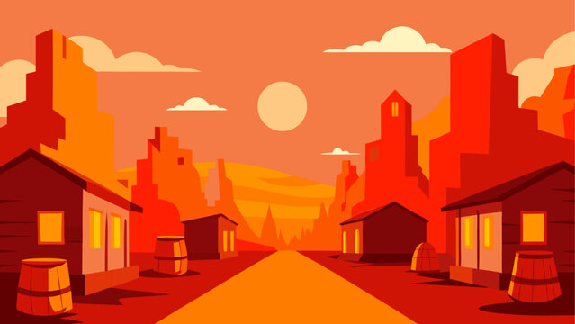 Illustration of a western town at sunset with barrels on transparent background
