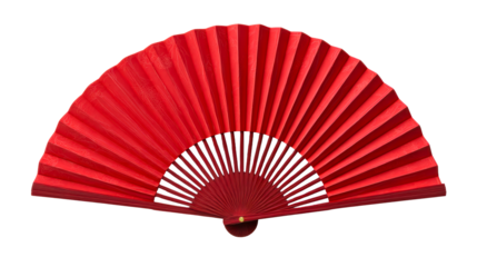 Vibrant red folding fan with embossed oriental motifs, perfect for cultural events, dance performances, and festive decorations.