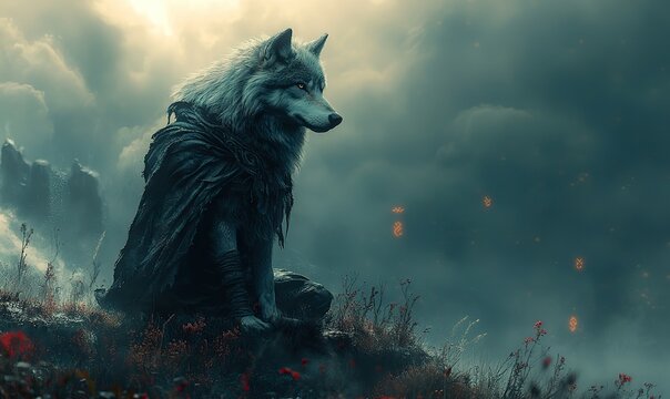 Majestic wolf-like creature in an epic misty landscape with glowing runes.
