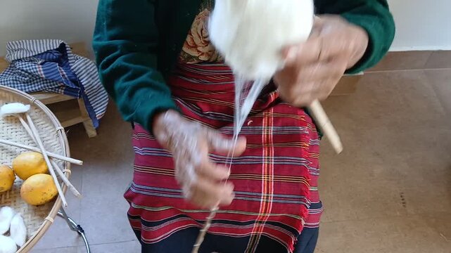 A Handloom Weaver preparing handspun yarns in India.	
