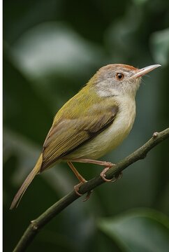 The image shows a Common Tailorbird (Orthotomus sutorius), a small, active songbird known for its greenish upperparts, rusty crown,