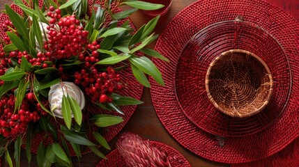 Elegant Red Table Setting with Festive Decoration and Natural Accents for Holiday Gatherings and Celebrations
