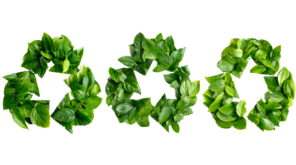 Three green leaf recycling symbols formed from lush foliage communicate environmental awareness and eco friendly practices for sustainable initiatives and ecological campaigns