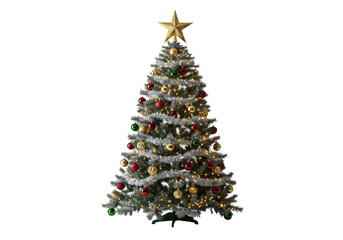 Obraz premium ultra detailed classic christmas tree with dense silver tinsel, deep crimson and antique gold glass baubles, glowing lights, isolated on a transparent cyclorama. concept of refined holiday luxury