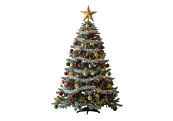 ultra detailed classic christmas tree with dense silver tinsel, deep crimson and antique gold glass baubles, glowing lights, isolated on a transparent cyclorama. concept of refined holiday luxury