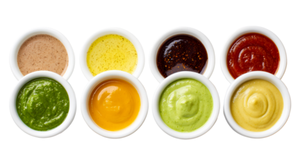 Assortment of colorful dipping sauces in white bowls, perfect for appetizers, snacks, and culinary presentations, offering a variety of flavors for any occasion.