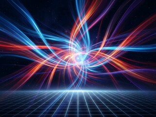 Vibrant abstract neon energy swirl with dynamic light trails emerging above futuristic grid surface in cosmic digital environment for modern design