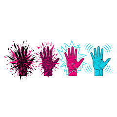 A vibrant abstract illustration depicting a sequence of human hands transforming with geometric shards and energetic auras, symbolizing evolution and dynamic change.