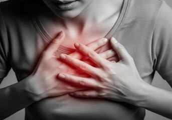 Woman clutching chest with red pain highlight &mdash; heart pain awareness