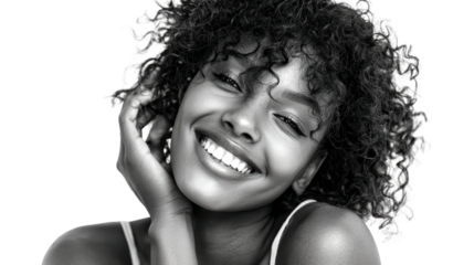 Black woman with curly hair smiling with hand on face portrait, perfect for beauty, skincare, or wellness promotions.