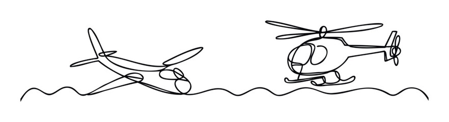 Minimalist line drawing of an airplane and a helicopter flying over wavy ground, perfect for aviation themes and simple transport graphics.