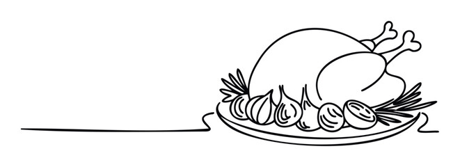 Classic outline drawing of a roasted turkey dinner with vegetables on a platter, perfect for holiday feasts and culinary promotions