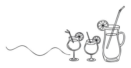 Handdrawn sketch of a pitcher and glasses filled with refreshing drinks with citrus slices and straws, perfect for summer beverage marketing and party themes