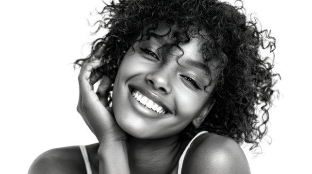 Black woman with curly hair smiling with hand on face portrait, perfect for beauty, skincare, or wellness promotions. - Powered by Adobe