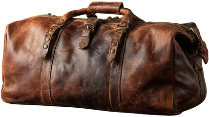 Vintage brown leather duffel bag with handles isolated on transparent background high resolution PNG cutout travel luggage accessory for branding design ecommerce product mockups