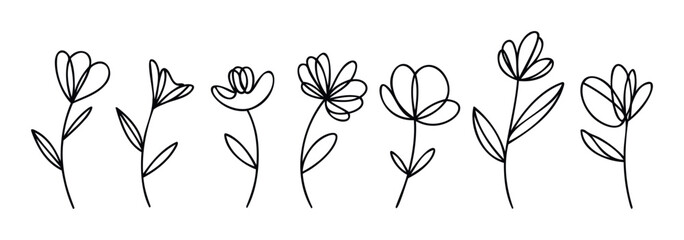 Collection of minimalist linear flower outlines with stems and leaves, perfect for springtime celebrations, nature themes, and decorative accents.