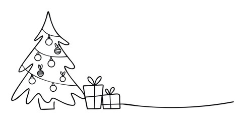 Minimalist black line drawing of a decorated Christmas tree with gift boxes and a ribbon extending across a plain background, perfect for festive holiday season greetings and New Year