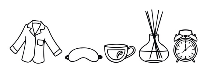 Collection of morning routine objects including pajamas sleep mask coffee cup reed diffuser and alarm clock symbolizing relaxation and waking up for use in lifestyle blogs and wellness