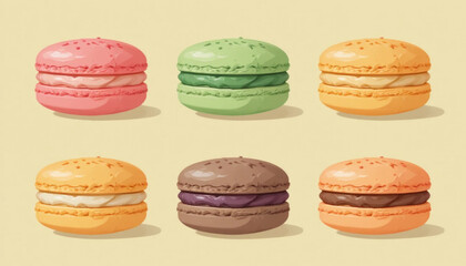 Fototapeta premium A set of flat colored macaroni cake illustrations on a plain background. 