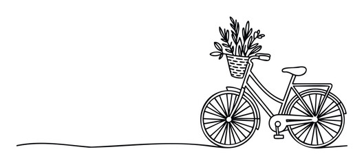 Line drawing of a bicycle with a basket of plants, perfect for themes of nature, travel, and ecofriendly transportation, suitable for lifestyle blogs and editorial use.