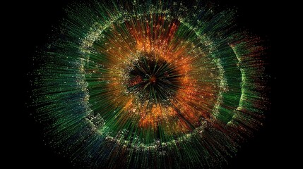 Abstract colorful digital visualization with glowing particles and radial patterns emitting from a central point
