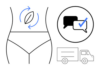 Female body with recycling arrows and leaf representing eco-friendly focus, speech bubbles with a checkmark for trusted communication, and a delivery truck. Ideal for health, digestion