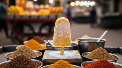 Yellow, textured popsicle or ice cream bar coated in sprinkles, displayed amidst various colorful spice mounds in metal bowls at an outdoor market
